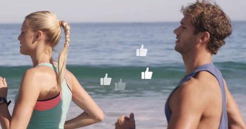 Happy Young Couple Running on Beach with Thumbs-Up Icons, Download Now