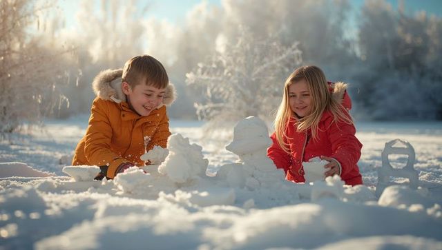 Siblings Building Snow Castle in Wintry Field