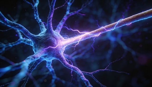 Pulsing neuron soma sending violet electrical discharge along axon with sparking dendrites