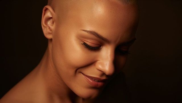 Bronzed shaved head woman smiling and looking down with warm softbox lighting closeup