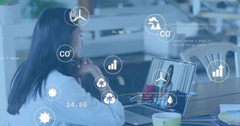 Collaborating remotely on sustainability via laptop video call with eco data overlays