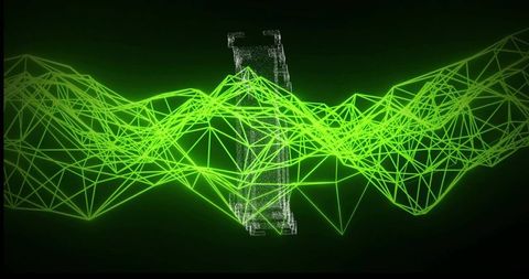 Undulating Neon Green Wireframe Landscape with Glowing Vertices and Central Data Column