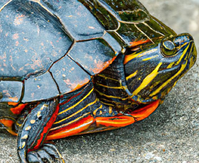Closeup view of a painted turtle displaying vibrant yellow and red markings on its shell and head. Perfect image for use in wildlife conservation materials, educational content about reptiles, nature-related stories, and outdoor activity blogs.