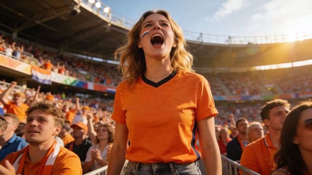 Passionate dutch fan cheering in orange jersey at packed stadium during football match