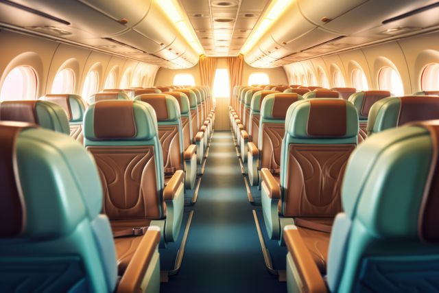 This image is perfect for illustrating concepts related to air travel, transportation, and the aviation industry. It can be used for travel blogs, airline websites, marketing materials, travel agencies, and any content focusing on flights or the experience of flying. The empty airplane cabin with neatly arranged seats can also convey ideas of preparedness, efficiency, and anticipation for travel.