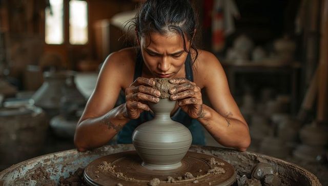 Focused potter shaping vase neck on wheel in rustic ceramic studio, handmade pottery craft