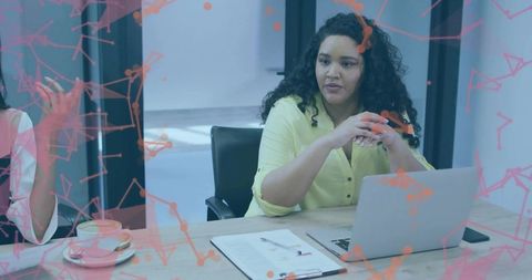 Professional Woman in Meeting with Digital Network Overlay