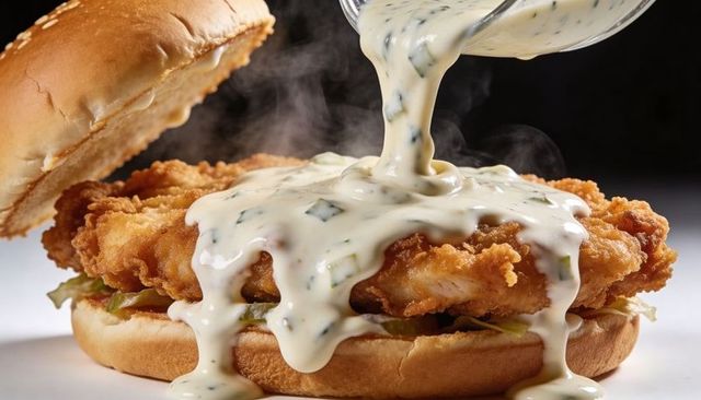 Creamy herb sauce pouring over crispy fried chicken sandwich on brioche bun