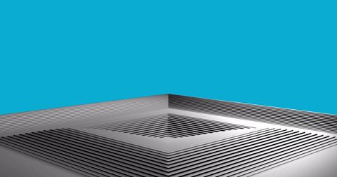 Innovative display of gray squares in expanding pattern against bright blue backdrop offers intricate abstract design. Perfect for digital media content, adding artistic flair to presentations, or conceptual illustrations in graphic design projects.