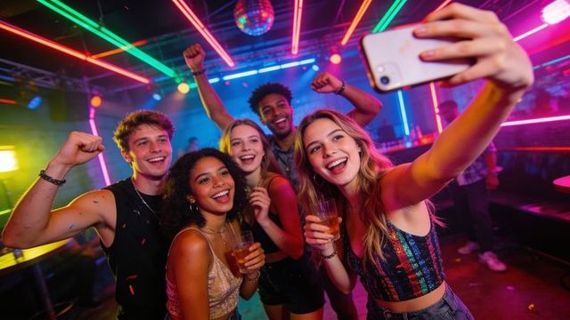 Friends taking selfie at neon nightclub, celebrating with drinks, sequined tops, disco lights