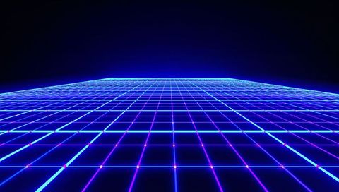 Neon grid horizon in retro futurism synthwave style with magenta nodes and glowing tiles