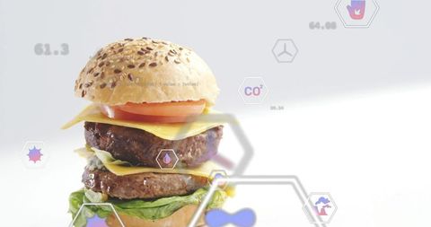 Double cheeseburger shining on white with sesame bun, cheese, lettuce and co2 infographic