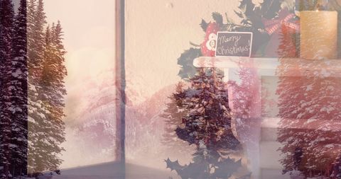 Festive Christmas Decor Overlays Wintery Forest Landscape