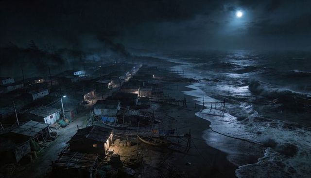 Moonlit fishing village lining stormy shoreline with weathered shacks and boats