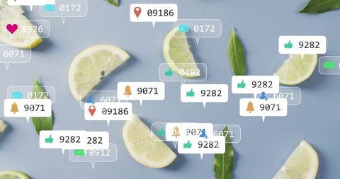 Social Media Interaction with Fresh Citrus and Leaves on Blue