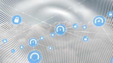 Network of Digital Icons Overlaying Cloudscape