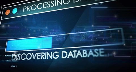 Futuristic hud showing discovering database progress bar with neon network visualization