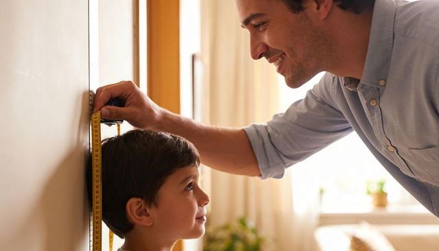 Father measuring son's height against wall at home with tape measure smiling moment