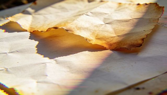 Displaying aged parchment sheets with torn jagged edges and warm sunlit texture