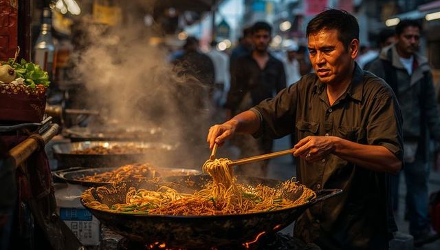 Vendor Cooking Noodles in Bustling Night Street Market
