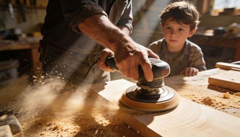 Craftsman sanding plank while young boy watching in sunlit carpentry workshop