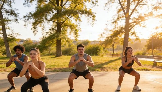 Hispanic man squatting with mixed group during outdoor golden hour fitness training in park