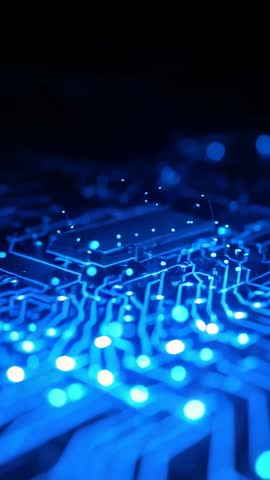 Drifting Over Blue PCB Zooming Into Microchip Revealing Digital Data Pulses