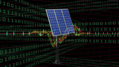 Digital Analytics Interface with Solar Panels and Binary Code