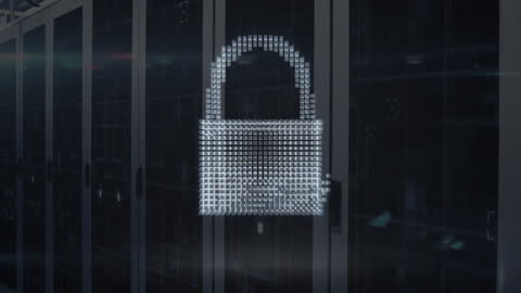 Data Security Concept with Digital Lock Icon in Modern Server Room