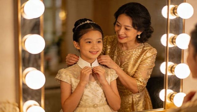 Mother fastening daughter's necklace in gold gown at lit vanity before performance