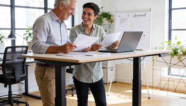 Senior mentor and young colleague reviewing documents at standing desk in bright office