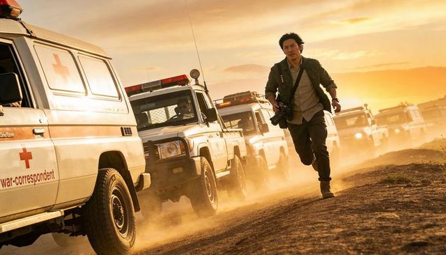 Running asian war correspondent photographing ambulance convoy in dusty sunset
