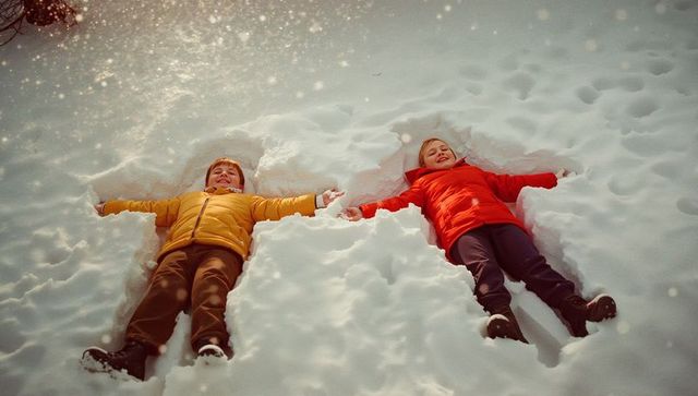 Joyful Siblings Creating Snow Angels in Winter Wonderland