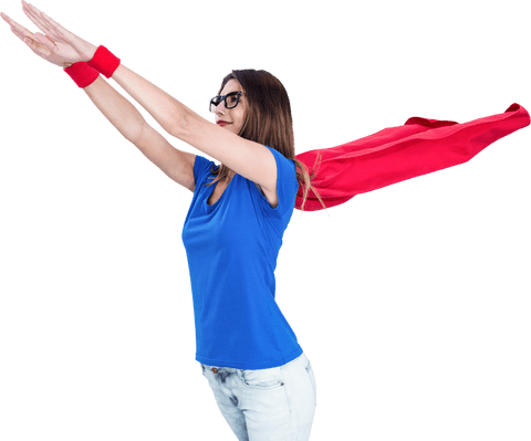 Woman with Red Cape Pretending to Fly Transparent Background