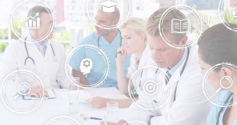 Medical Team Collaborating and Reviewing Patient Data with Analytics, Diagnostics Icons