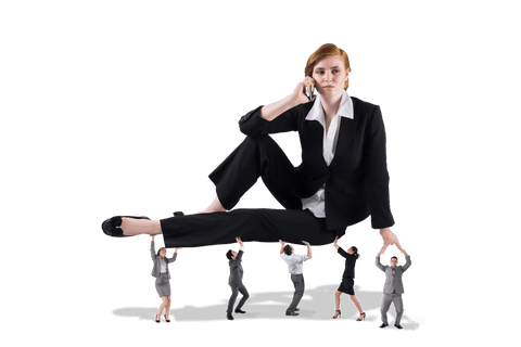 Caucasian Businesswoman Phone Call Enhanced by Smaller Workers According Transparency