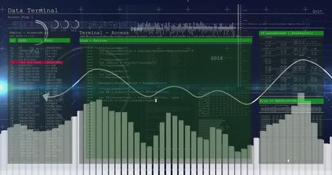 Futuristic cybersecurity terminal with code and graphs