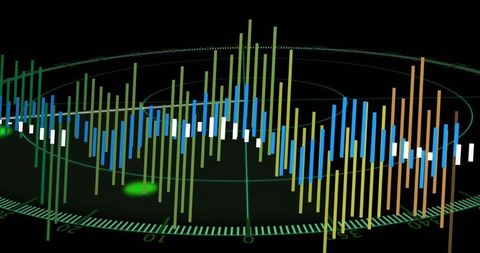 Futuristic data visualization with vertical bars and glowing nodes