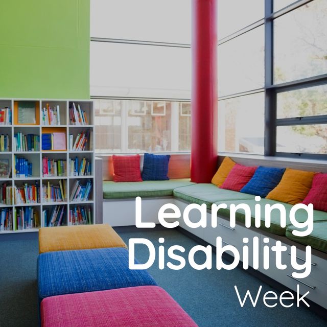 Digital composite image of learning disability week text over study room with bookshelf and seat. education and awareness concept.