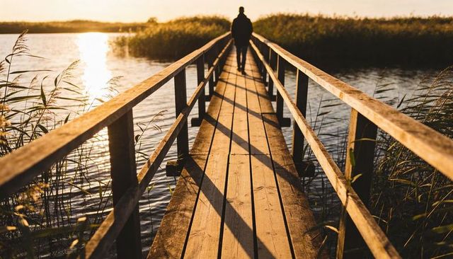 Solitary man walking along wooden pier at golden hour with long shadows and sun reflection