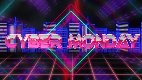 Cyber Monday Retro Neon Cityscape with Futuristic Animation