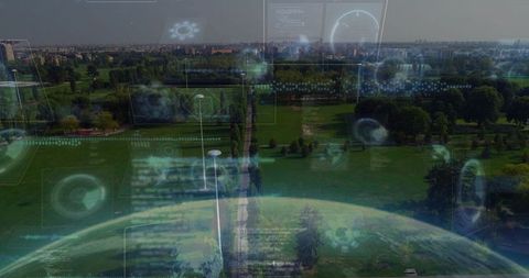 Futuristic Urban Park with Digital HUD overlays Above Landscapes