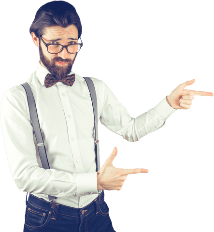 Bearded man in bow tie pointing transparent background
