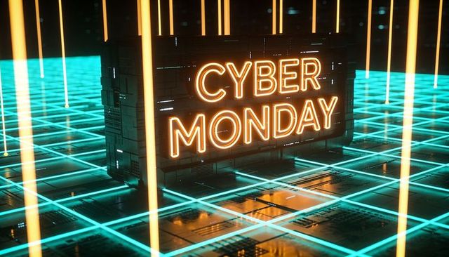 Cyber monday neon tech block on futuristic cyan grid for high-tech online sale promotion