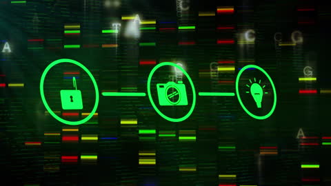 Digital Padlock, Camera, Lightbulb Animation on Abstract Background