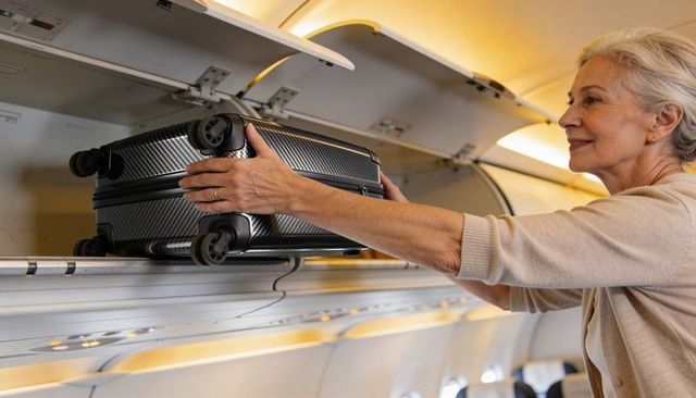 Senior woman stowing carbon-fiber carry-on into overhead bin while boarding commercial airplane