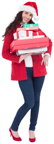 Festive Woman with Gifts and Santa Hat on Transparent Background