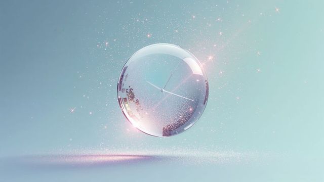 Floating glass orb with minimalist clock and sparkling particles