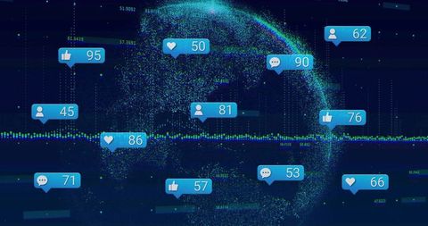 3d glowing globe showing social media engagement metrics
