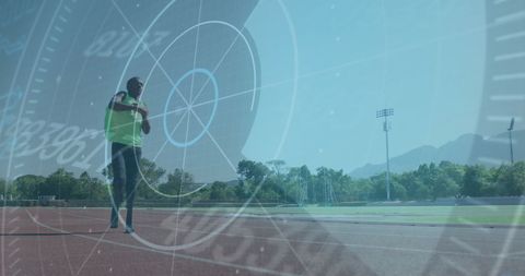 Athlete Running on Track with Data Overlay
